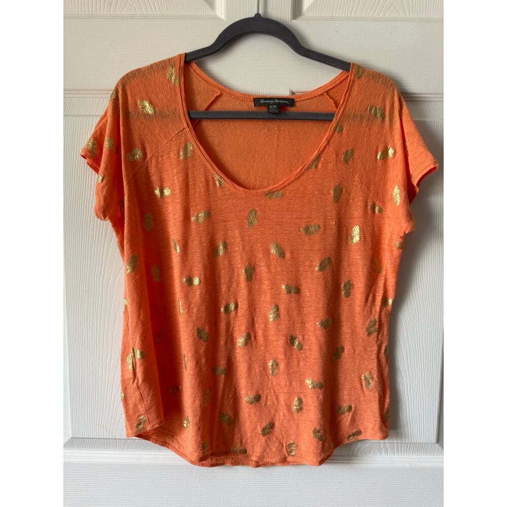 Tommy Bahama Orange Gold Pineapple Linen Tee Womens Size M Coastal Whimsical